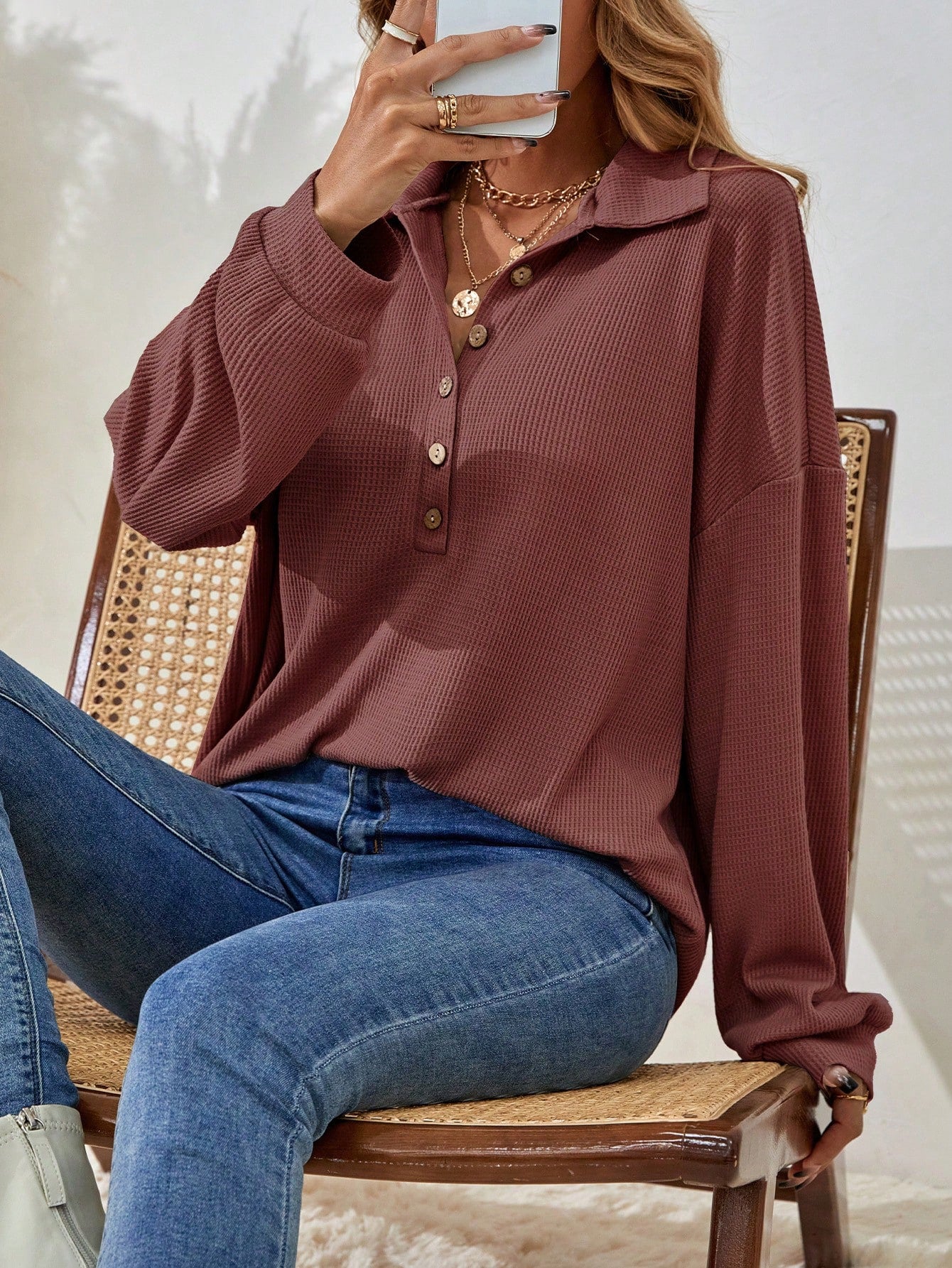 EMERY ROSE Solid Color Half-Breasted Drop Shoulder T-Shirt