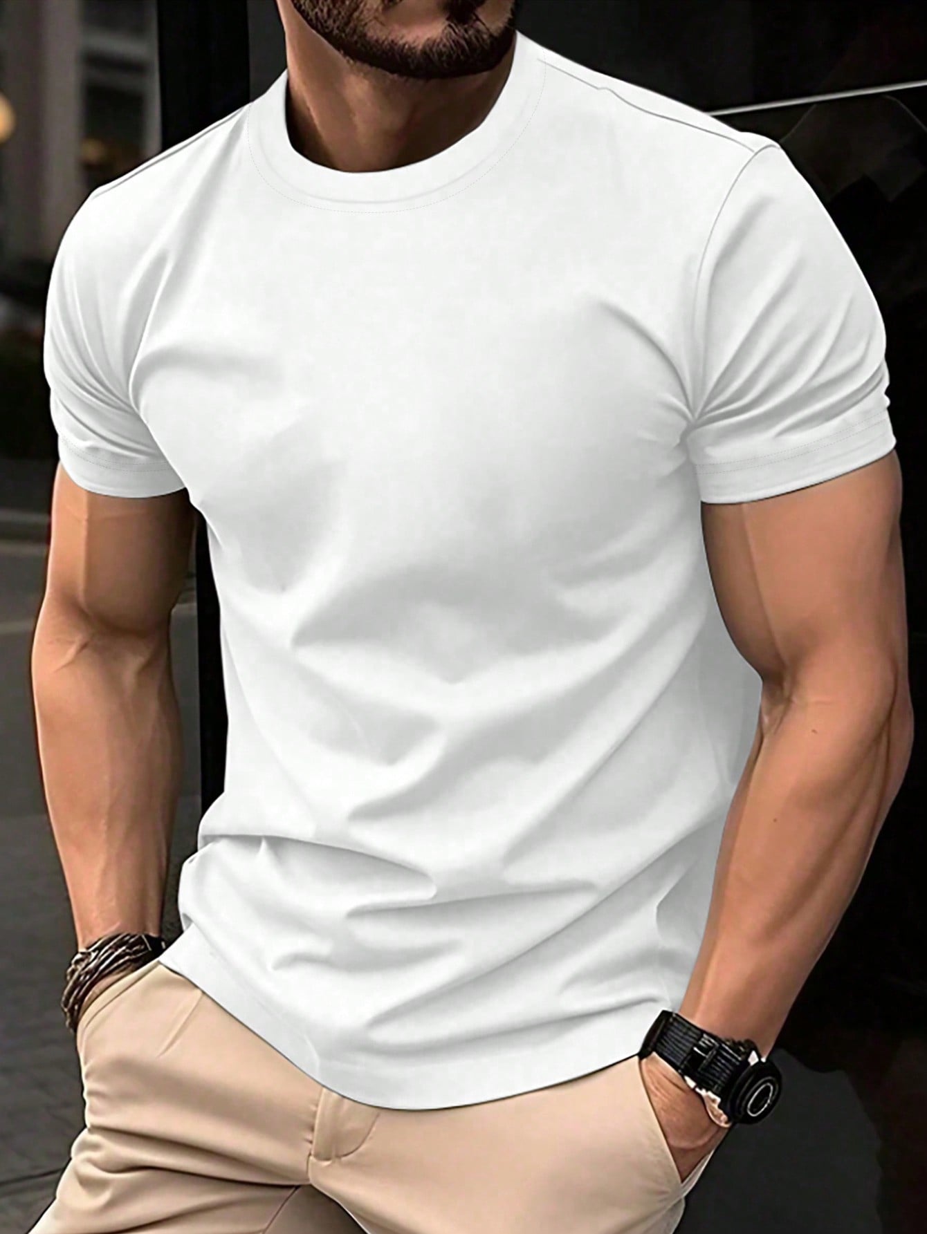 Manfinity Homme Men'S Plain round Neck Short Sleeve Casual Top, Daily Wear Tee