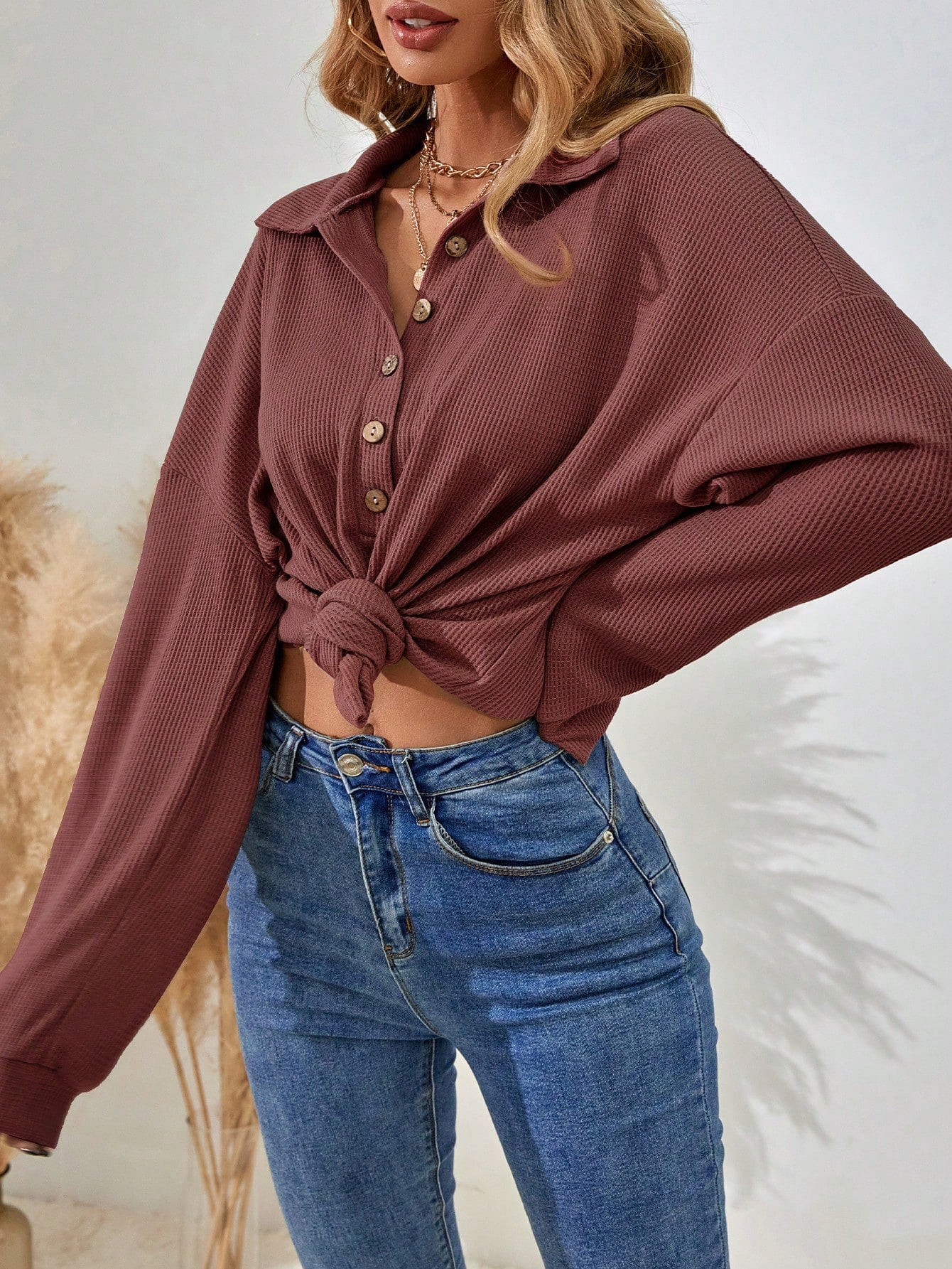 EMERY ROSE Solid Color Half-Breasted Drop Shoulder T-Shirt