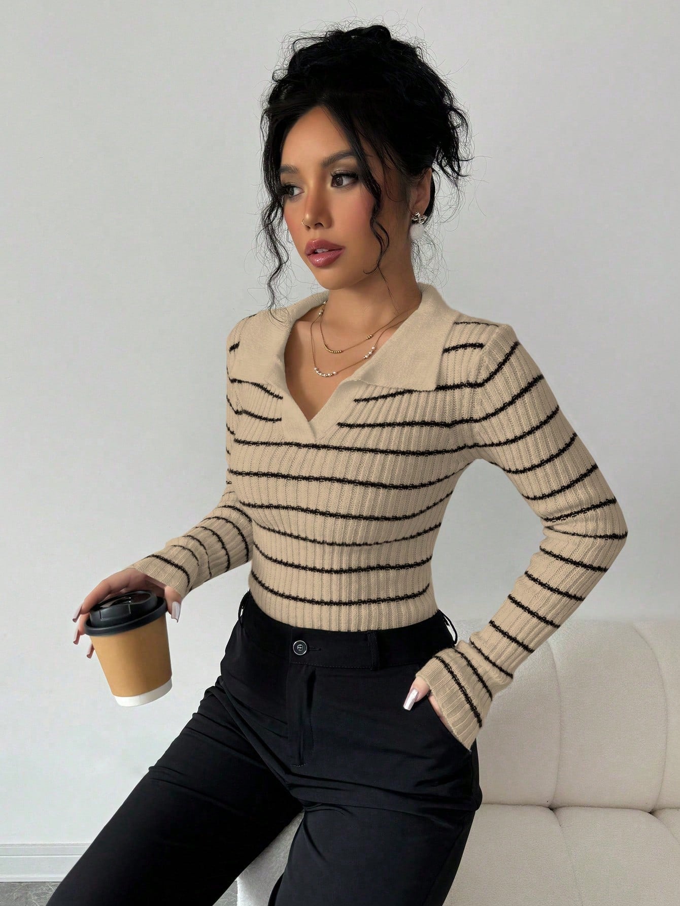 Elenzga Women Striped Turtleneck Long Sleeve Fitted Sweater, Autumn/Winter Knit Pullover Fall Outfit