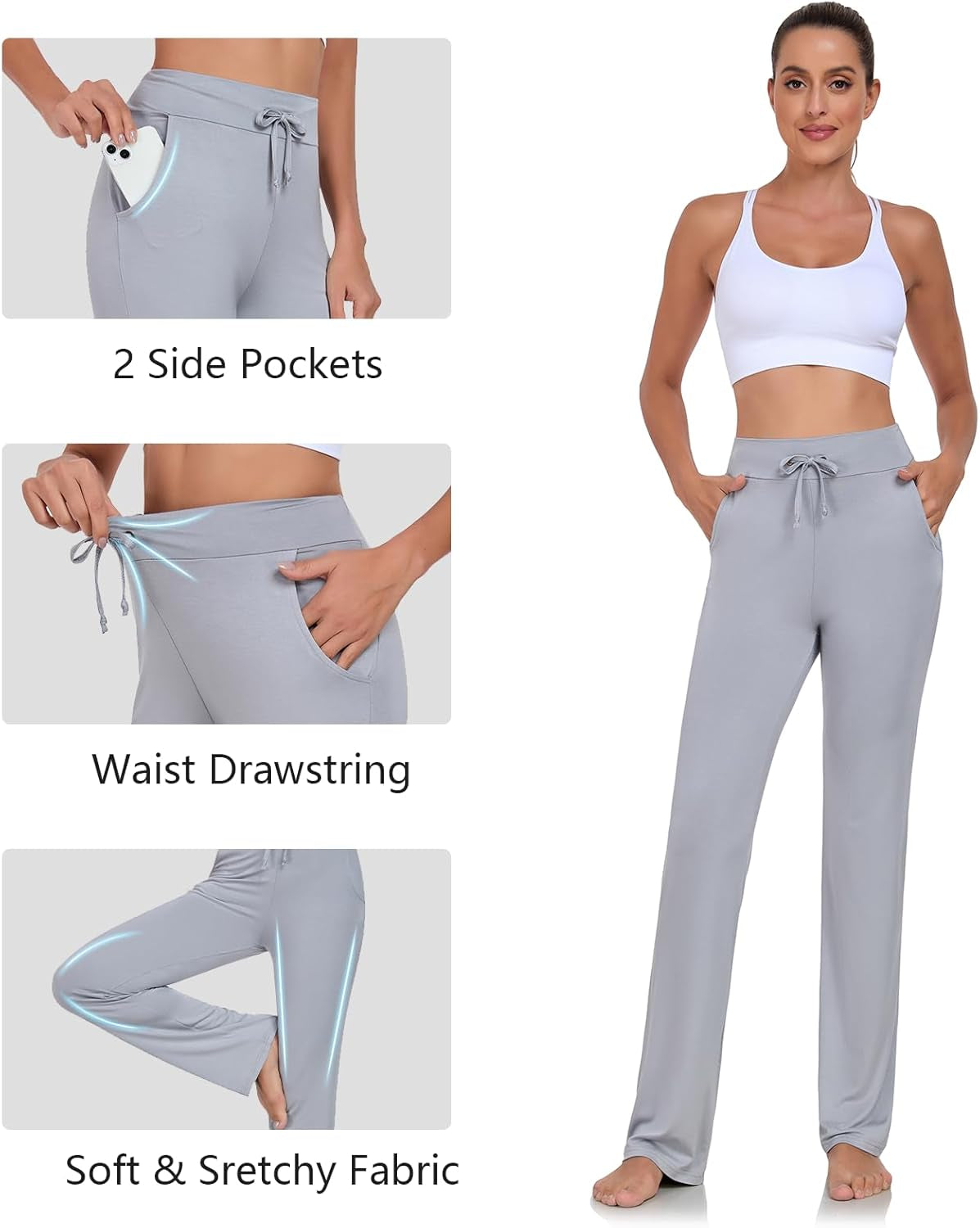 Womens Yoga Pants with Pockets Straight-Leg Loose Comfy Modal Drawstring Lounge Running Long Active Casual Sweatpants