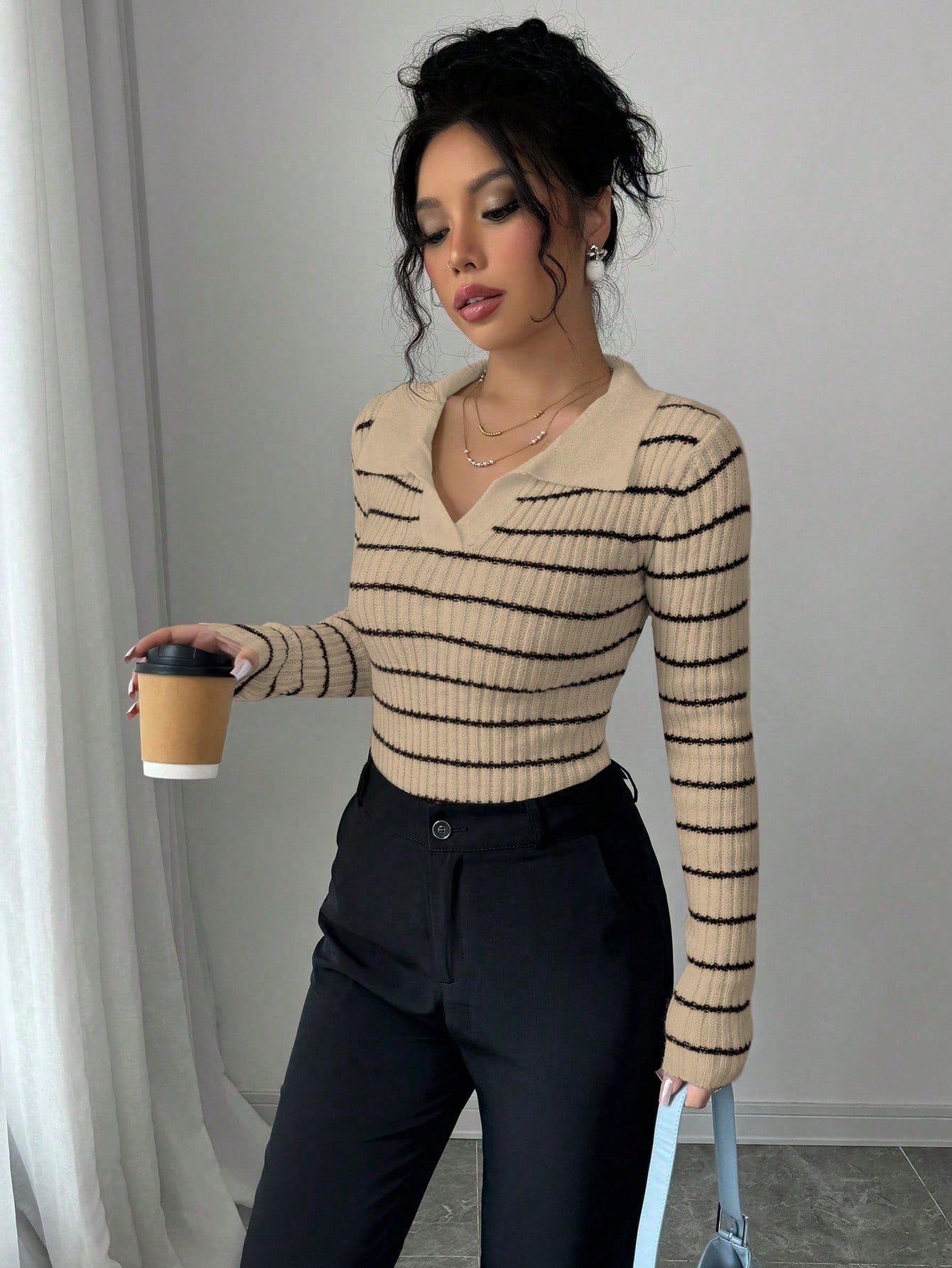 Elenzga Women Striped Turtleneck Long Sleeve Fitted Sweater, Autumn/Winter Knit Pullover Fall Outfit