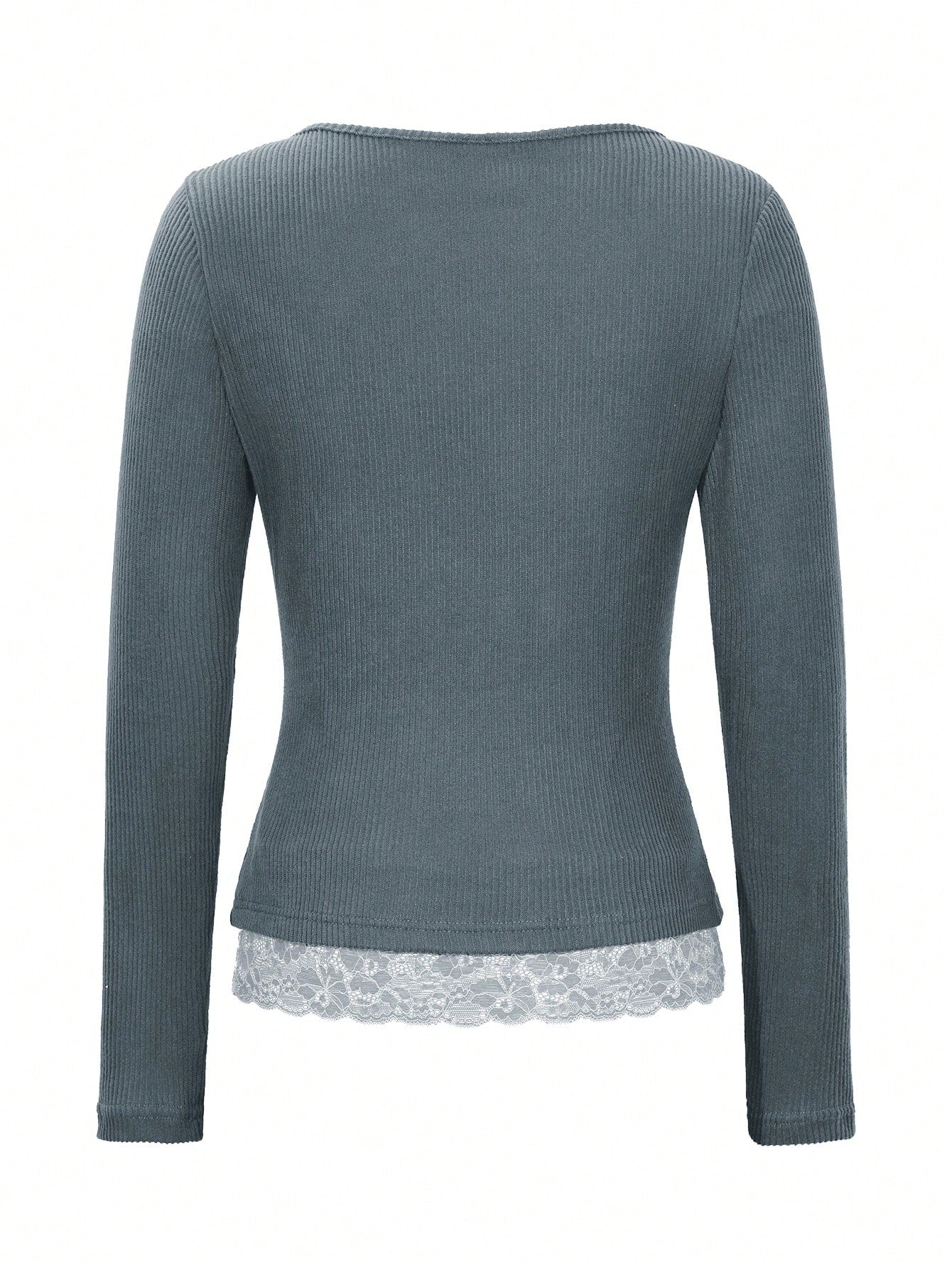 EMERY ROSE Women Lace Splice Brown Velour Ribbed Crew Neck T-Shirt, Fake 2 Pieces Design, Autumn/Winter Fall Cloth for Women
