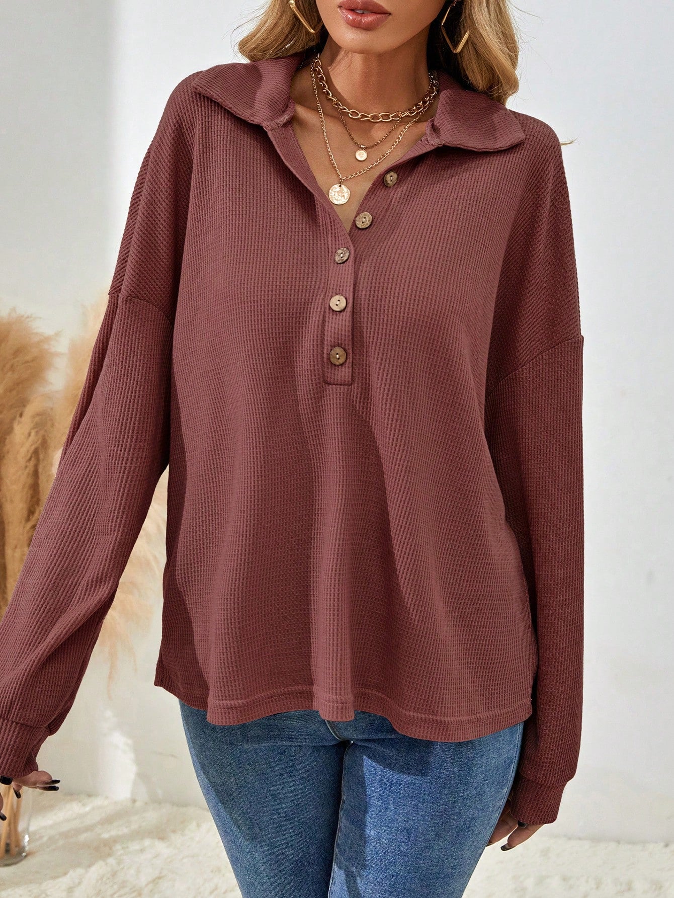 EMERY ROSE Solid Color Half-Breasted Drop Shoulder T-Shirt