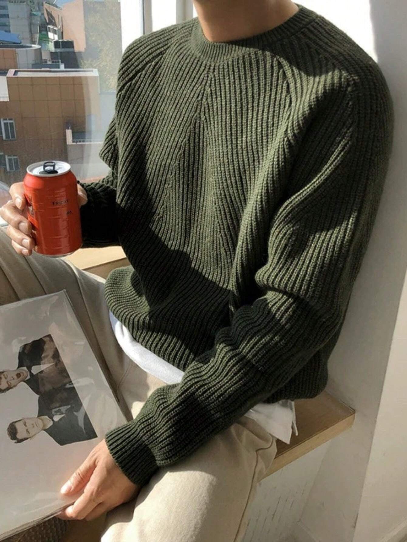 BAI YUE Oversized Solid-Color Casual Commuter Style, Crew Neck Knit Sweater Men'S Base Layer Sweater