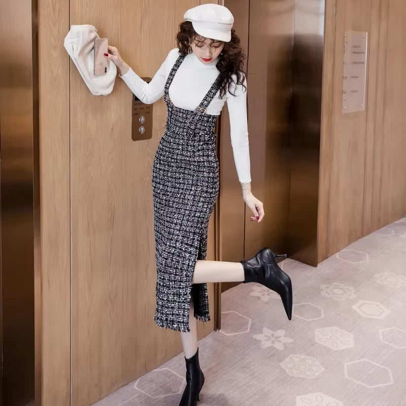 Autumn Woman Sweater Dress Suit Female Casual Knitted 2Pcs Set High-Neck Slim Sweater + Strap Woolen Cloth Dress Suit Set Women