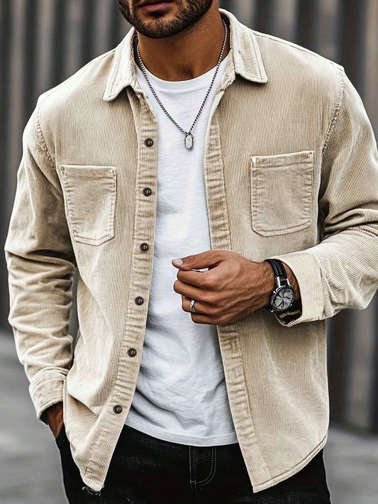 Men'S Casual Corduroy Shacket, Lapel Collar Button Long Sleeve Cardigan with Dual Pockets, Suitable for Daily Leisure, Fashion Minimalist Outings, Commute, Street Style Spring & Autumn