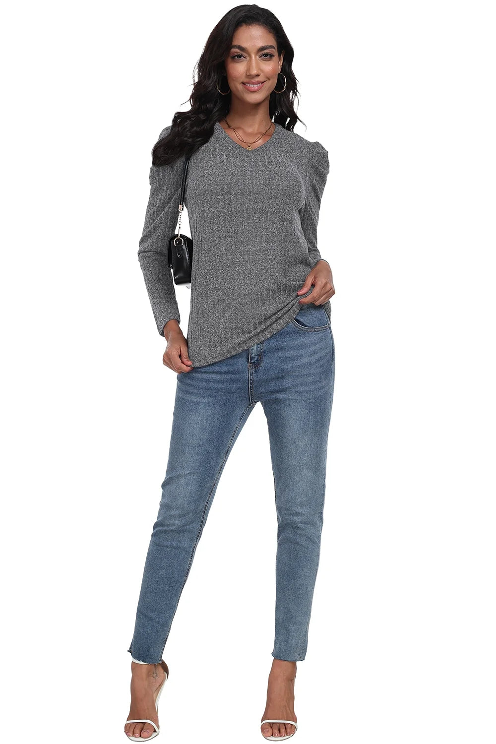 Long Sleeve Shirts for Women V Neck Casual Tunic Tops Lightweight Pullover Dark Gray-X-Large