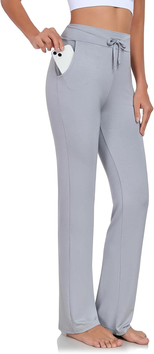 Womens Yoga Pants with Pockets Straight-Leg Loose Comfy Modal Drawstring Lounge Running Long Active Casual Sweatpants