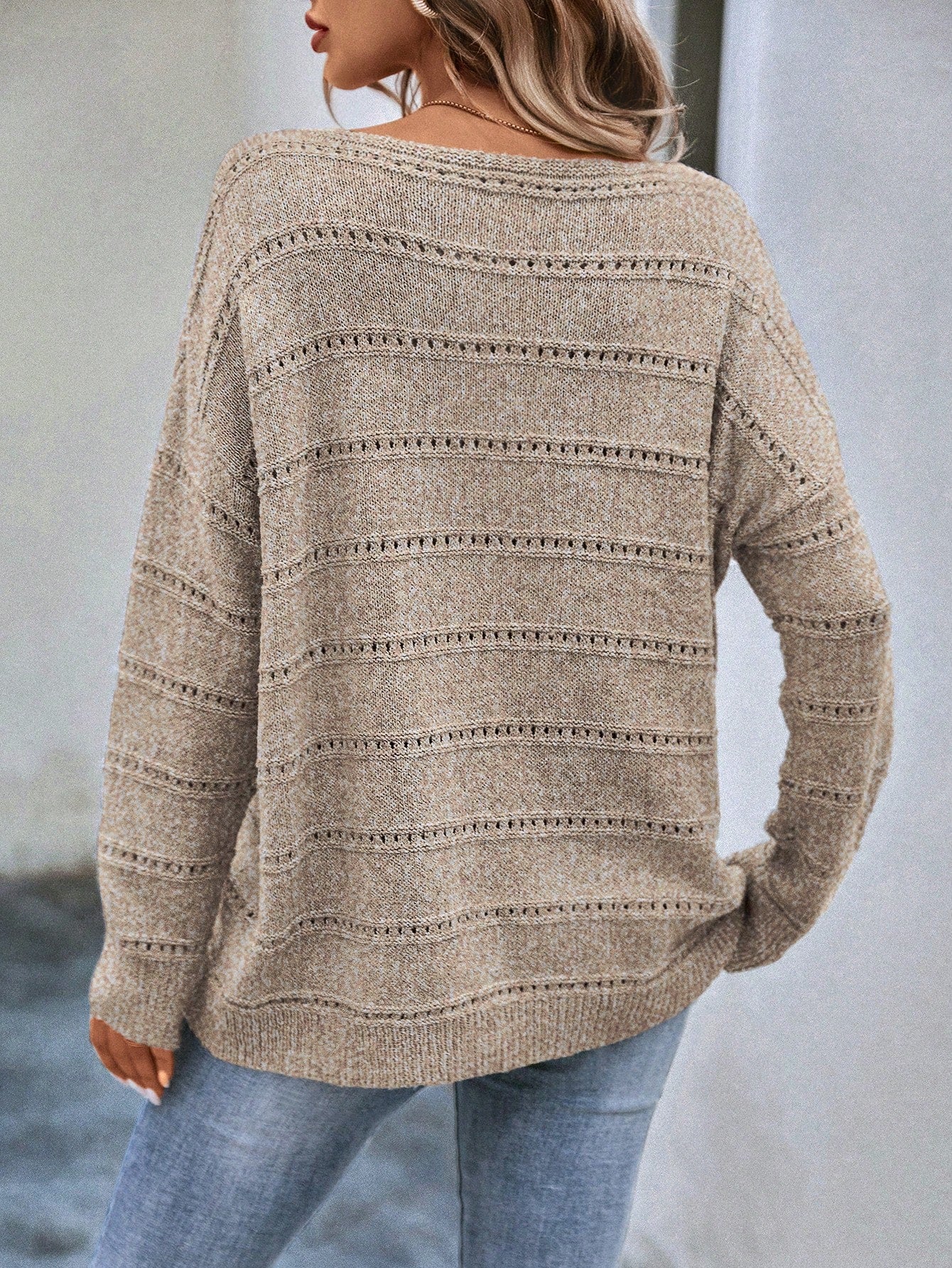 EMERY ROSE Boat Neck Drop Shoulder Pointelle Knit Sweater,Ladies Spring/Fall Casual Long Sleeve Loose Apricot Drop Shoulder Pullovers Women Sweaters,Long Sleeve Tops Knit Pullover Fall Winter Outfit