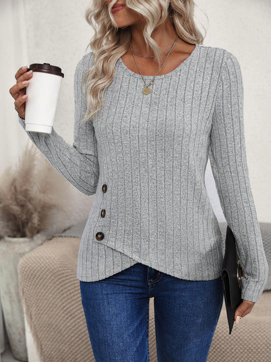 EMERY ROSE Button Detail Asymmetrical Hem Tee Fall Cloth for Women