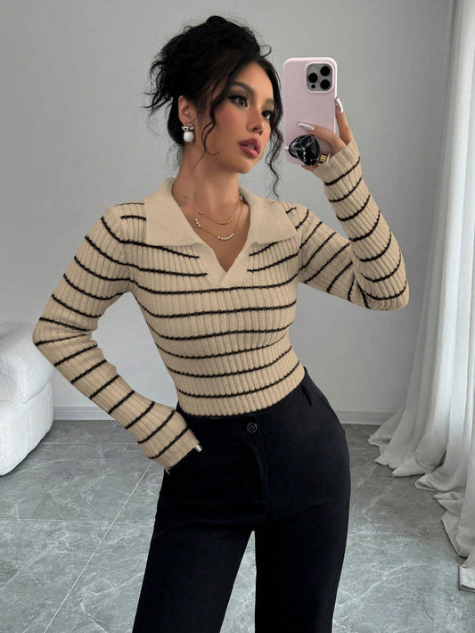 Elenzga Women Striped Turtleneck Long Sleeve Fitted Sweater, Autumn/Winter Knit Pullover Fall Outfit