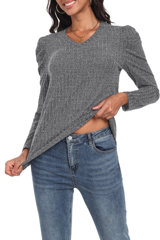 Long Sleeve Shirts for Women V Neck Casual Tunic Tops Lightweight Pullover Dark Gray-X-Large