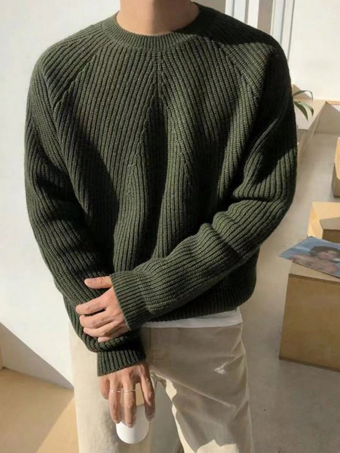 BAI YUE Oversized Solid-Color Casual Commuter Style, Crew Neck Knit Sweater Men'S Base Layer Sweater