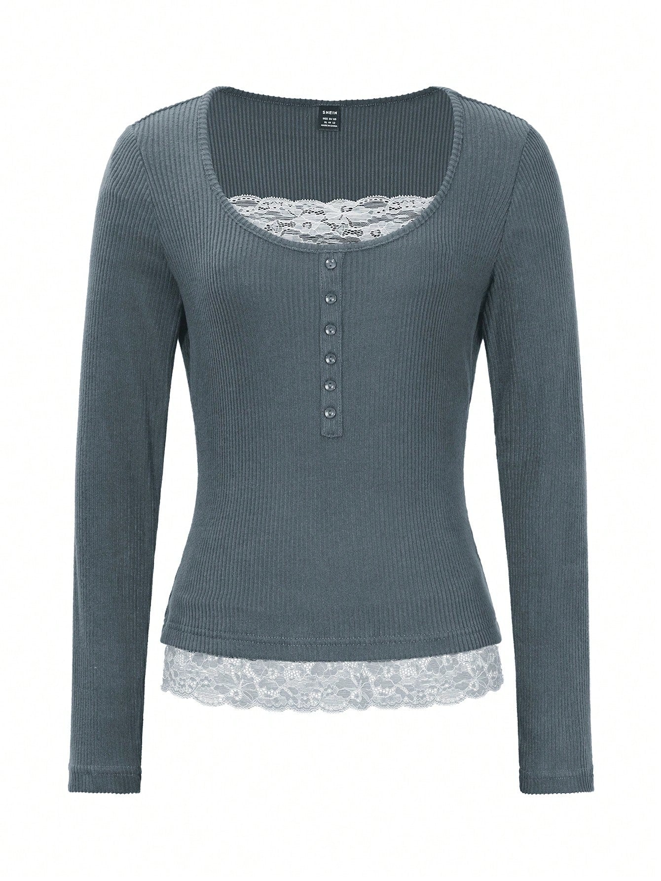 EMERY ROSE Women Lace Splice Brown Velour Ribbed Crew Neck T-Shirt, Fake 2 Pieces Design, Autumn/Winter Fall Cloth for Women