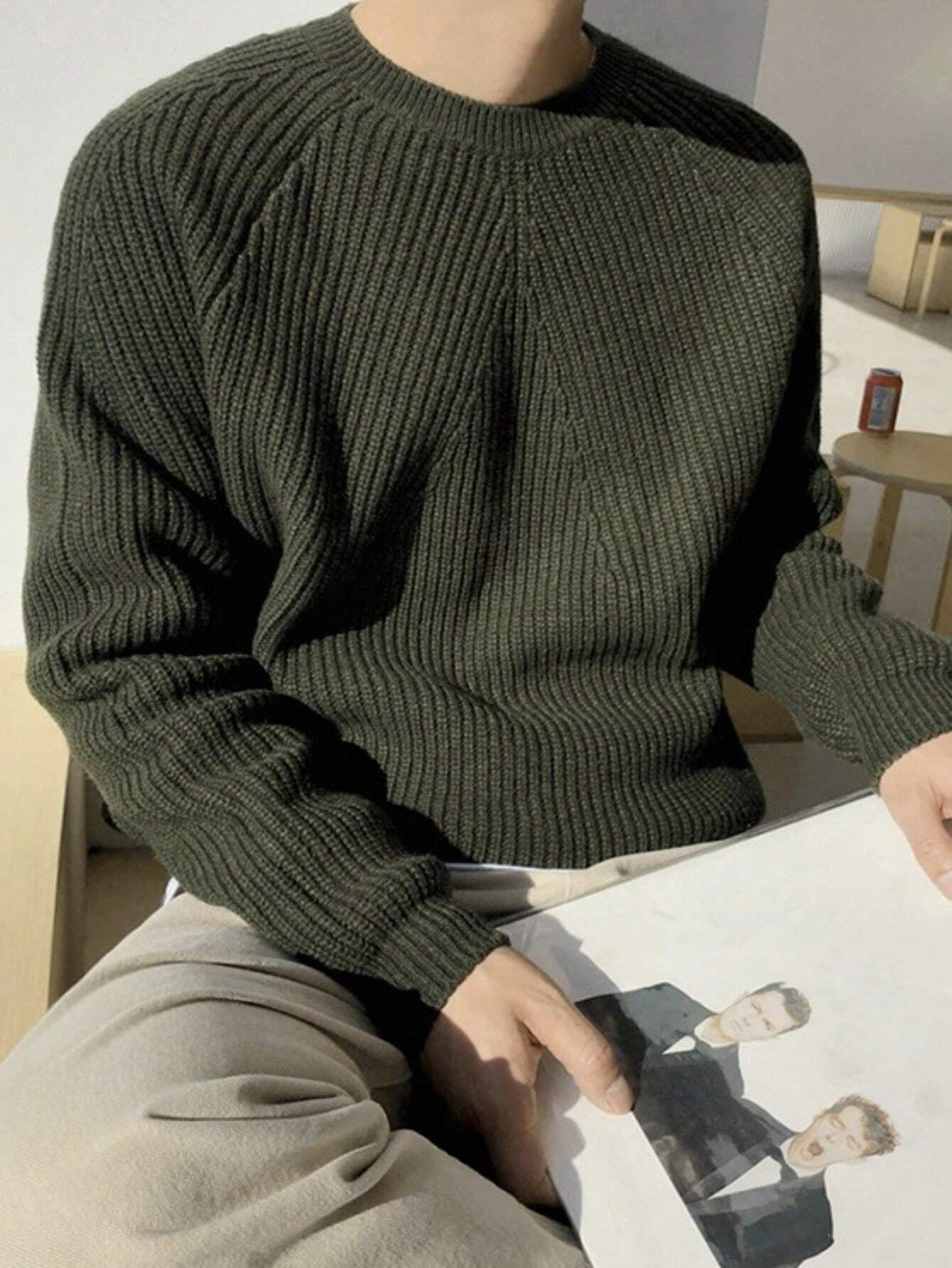 BAI YUE Oversized Solid-Color Casual Commuter Style, Crew Neck Knit Sweater Men'S Base Layer Sweater