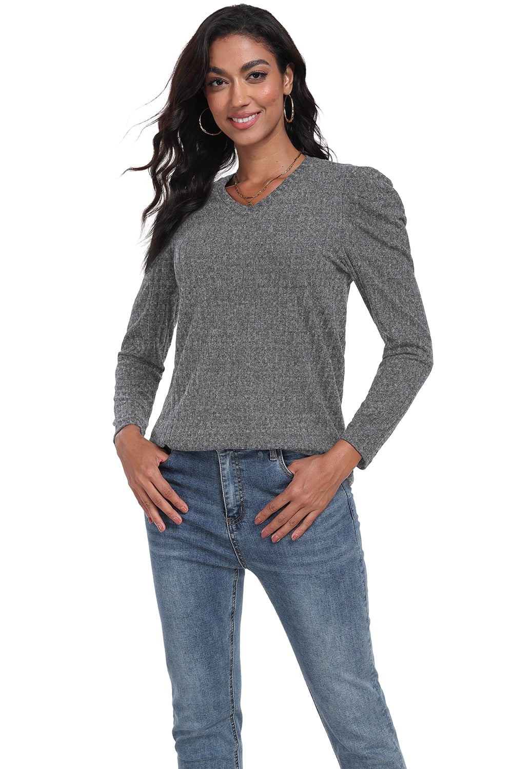 Long Sleeve Shirts for Women V Neck Casual Tunic Tops Lightweight Pullover Dark Gray-X-Large